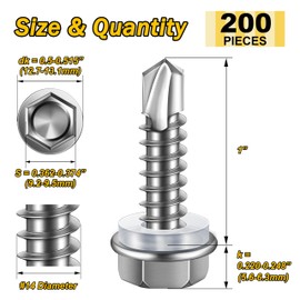 Mywish 200pcs #14×1" Self Drilling Screws for Metal, Self Tapping Screws for Metal 410 Stainless Steel, Hex Washer Head Self Drilling Screws, High-Strength Self Tapping Sheet Metal Tek Screws