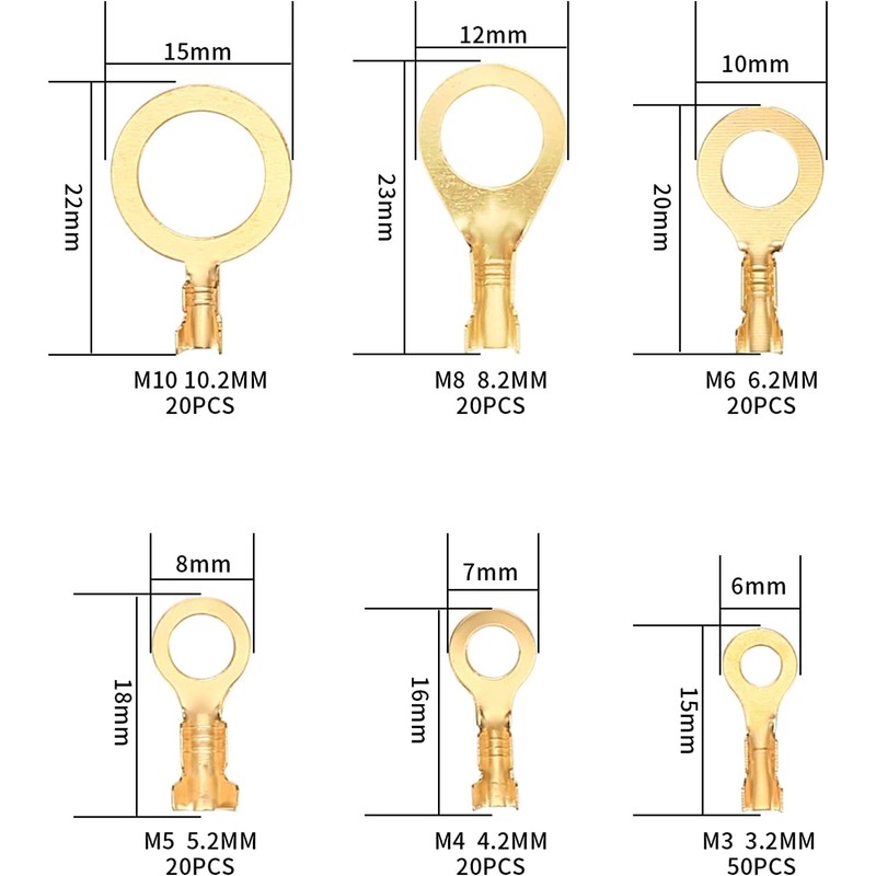 160 Pcs Copper Ring Terminals, M3/M4/M5/M6/M8/M10 Brass Wire Connectors, Open