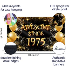 Happy Birthday 50th Banner - Birthday Decorations - Awesome Since 1975 Birthday Backdrop - Bday Banner Background 5ft x 3ft / 150x90 cm with 4 brass holes (Black & Gold)