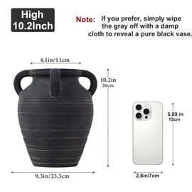 Handmade Black Terracotta Vase, 10" Tall with 4 Ears, Wide Mouth Ceramic Vases,Vintage Farmhouse Vase, Rustic Antique Matte Finish Decor Vases for Home, Living Room, Table, Fireplace