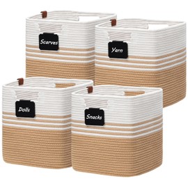 UBBCARE 13 Inch Cube Storage Bins with Clips Labels, Shelf Storage Baskets for Cube Storage Organizer/Bookshelf/Closet, 4-Pack, White&Khaki