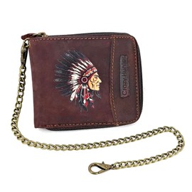 Retro Biker Genuine Leather Wallet American Indian Chief Head Zipper Card Holder Purse W/Chain Mens