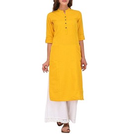 Ladyline Women's Pure Cotton Plain Tunic Top 3/4 Sleeves Roll-up Button Neck with Pocket Long Kurti Kurta (Mustard-40)