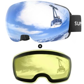 Supertrip Adult Ski Goggles, Interchangeable Lens Anti-Fog Snow Snowboard Goggles for Men Women Youth (yellow lens+black frame silver lens(vlt 12%))
