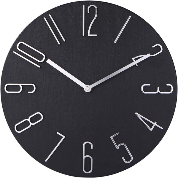 Nbdeal WK-J8329 Wall Clock, Radio Clock, Stylish, Lightweight, 3D Figures, Diameter 11.8 inches (30 cm), Silent, Vintage, Retro, Scandinavia, Glossy Black