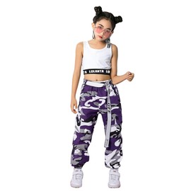 LOLANTA 2pcs Girls Hip Hop Street Dance Solo Clothes Set Crop Tank Top+Camouflage Jogger Pants, Purple, 6-7 Years