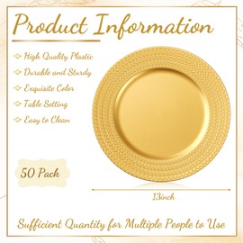 Widecook 50 Pcs 13 Inch Plastic Gold Charger Plates Bulk, Round Reusable Dinner Charger Plate Leaf Trim Decorative Elegant Antique Tableware for Wedding Birthday Party Bridal Shower Event Table Decor