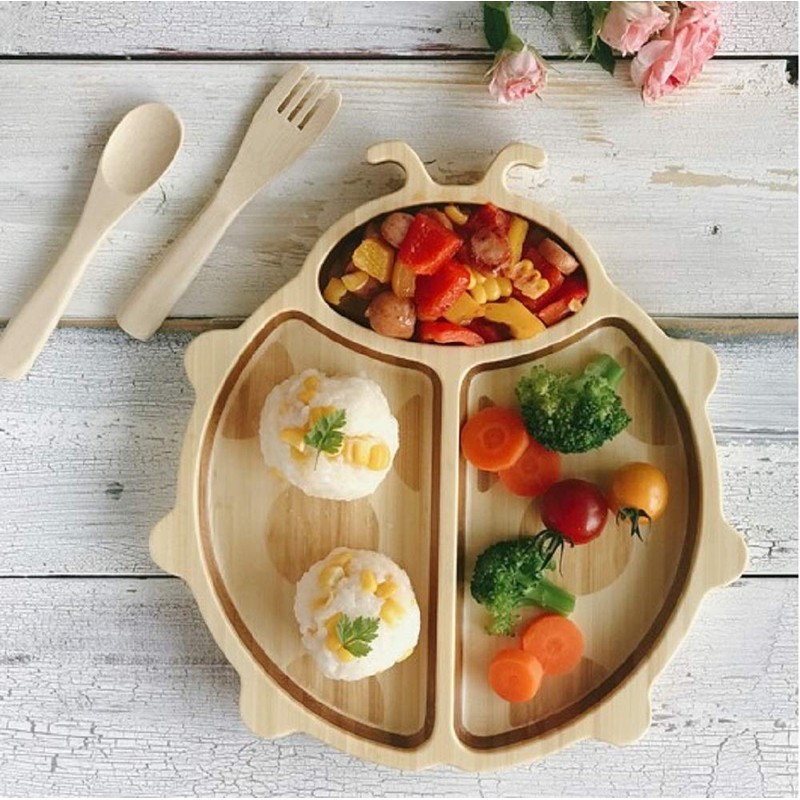 FUNFAM Fan Bamboo Tableware Ladybug Plate Set FF2018-002