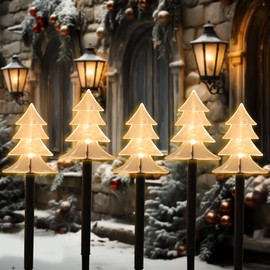 Mycznsyard Solar Christmas Tree Pathway Light 5 Pack Christmas Decorative Lights Waterproof LED Night Lights for Outdoor Ground Lawn Landscape Holiday Party Christmas Decor (Warm White)