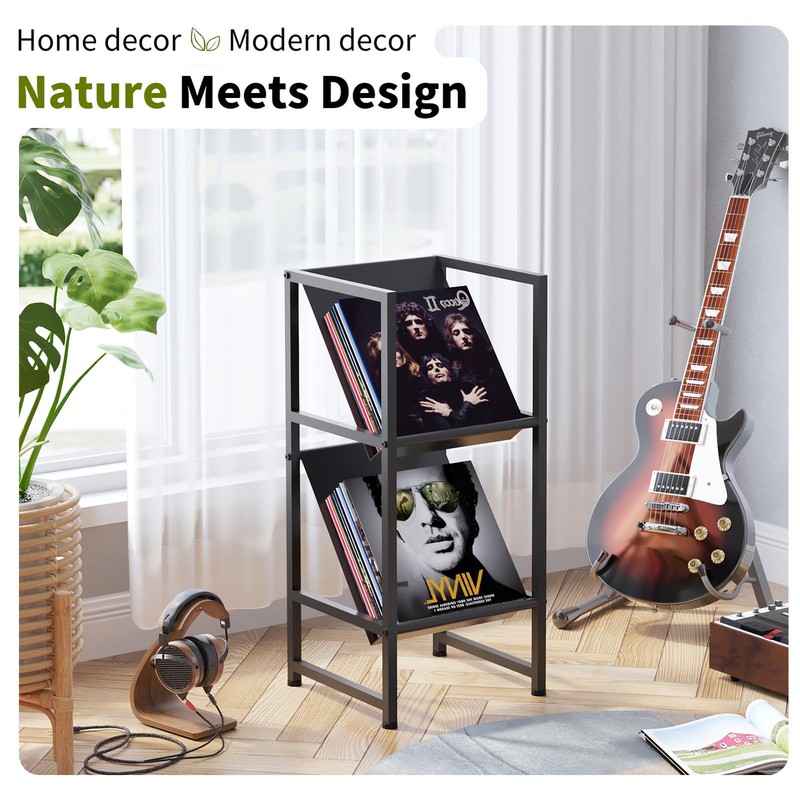 VonDream Conceptual Design Vinyl Record Storage, 2 Tier Black Metal