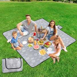 Minicoco Large Picnic Blanket Waterproof 200x200 Beach Blanket Foldable Travel Picnic Mat Outdoor Picnic Blankets Lightweight With Carrying Handle Camping Blanket for Family Beach Hiking (Gray)
