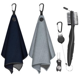 Golf Towel, 2 PCS Magnetic Golf Towels with Brush and Divot Tool, Microfiber Waffle Pattern with Clip for Men, Industrial Strength Magnet for Strong Hold to Golf Bags, Carts or Clubs (Black Gray)