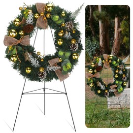 Hotop 2 Pcs Christmas Memorial Cemetery Wreath for Graves with 30 Inch Easel Christmas Memorial Wreath Decoration Set Pinecones Gold Leaves for Holiday Outdoor Gravestone
