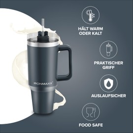 IronMaxx Cup with Handle - Anthracite 1.2 L | with Included Straw | Slim Modern Design Made of Stainless Steel | Leak-proof Lid & Double-Walled Insulation | Keeps Warm and Cold