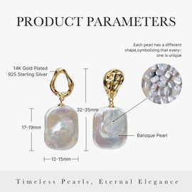 Myrvynte Gold Pearl Earrings, 925 Sterling Silver Asymmetrical Baroque Pearl Earrings Baroque Jewelry for Women's Wedding