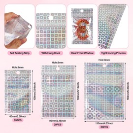 Magibeads 60Pcs Resealable Small Packaging Bags 2x4 3x5 4x6 Iridescent Square Patterns Clear Gift Bags Sealable Packaging Pouches for Small Business Hair Pins