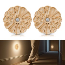 Vadifula Motion Sensor Night Light Wooden Carved Flower USB Rechargeable Stick-On Step Lights Magnetic Wall Lights for Hallway Bedroom Living Room Stair (2 Pack Ash Wood)