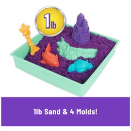 Kinetic Sand Sandbox Set, 1lb Purple Play Sand, Sandbox Storage, 4 Molds and Tools, Sensory Toys, for Kids Ages 3+