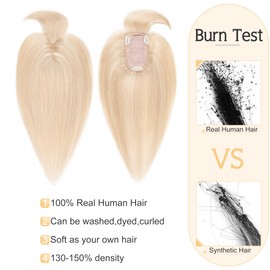 SEGO Hair Toppers for Women Real Human Hair With Bangs, 7 * 13CM Silk Base 100% Remy Human Hair Clip in Top Wiglet Hairpieces Add Volume //6 Inch Ash Blonde&Bleach Blonde