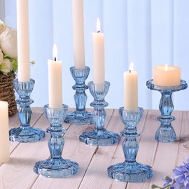 Simeitol 12pcs Taper Candle Holders, Candlestick Holders, Glass Candle Holder - Vintage Flower Design Candle Holders for Wedding, Baby Shower & Fall Table Decor, Christmas & Thanksgiving Decor (Blue)