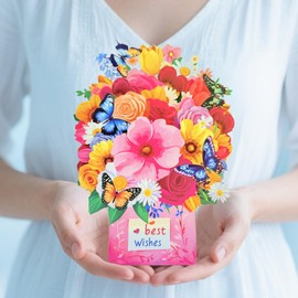 Greeting Cards Red Flowers and Blue Butterflies, Forever Bouquet 3D Pop Up Birthday Gifts for Women Wife Girlfriend Mom Daughter Sister Friend Anniversary Daughter in law, With Envelope (A1026)
