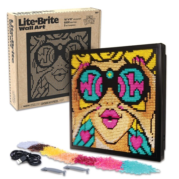 Lite-Brite Wall Art POP Wow - 16" x 16" Screen, 6,000 Mini Pegs, 3 HD Designs, Great Gift for Ages 14+, DIY Activity Set for Teens and Adults, Dorm Room Wall Décor, Includes 1 Tablet