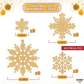KatchOn, Gold Snowflake Ornaments for Christmas Tree - Large, Pack of 36 | Glitter Snowflake Ornaments | Gold Christmas Tree Decorations | Snowflake Christmas Ornaments, Christmas Hanging Decorations