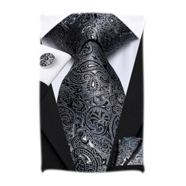 Hi-Tie Men Tie Pocket Square Cufflinks Set Silk Formal Necktie for Wedding Business Party,Black Grey
