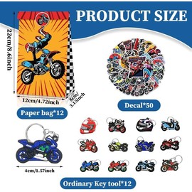 JWTRSVTY 74 Pieces Motocross Theme Children's Birthday Party Gift, Motorcycle Party Bag, Motorcycle Cartoon Birthday Party Gift, for Boys Gift with Gift Bags Key Ring Sticker