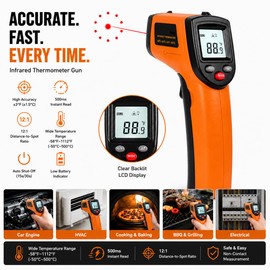 Digital Infrared Thermometer Gun -58°F to 1112°F, Non Contact Infrared Thermometer Laser Temperature Gun for Cooking, BBQ, Pizza Oven, Griddle, HVAC,Instant-Read with Backlit Display (Not for Human)