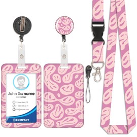 Pink Smiley Face Card Holder ID Badge Detachable Lanyard with Retractable Clip for Key Chains, Business Cards, Door Cards, ID Cards