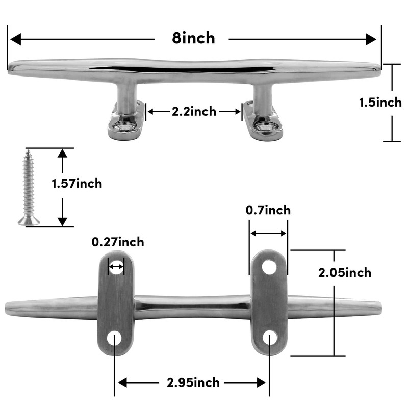 8 Inch 316 Stainless Steel Boat Cleats, Open Base Dock