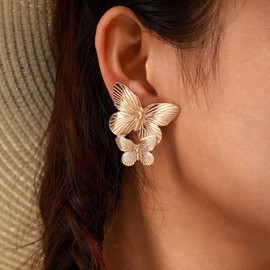 Zeshimb Gold Butterfly Earrings for Women Large Butterfly Drop Dangle Earrings Boho Double Butterflies Earrings Stud Hypoallergenic Earrings Jewelry for Sensitive Ears