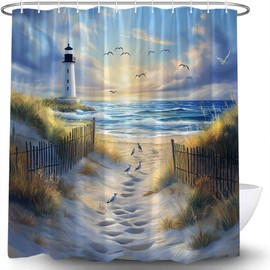 JOFKAXU Lighthouse Shower Curtain Blue Ocean Beach Seagull Sunrise Seascape Sunset Nautical Coastal Seasides Nature Scenic Oil Painting Bath Curtain with Hooks