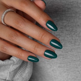 KQueenest Dark Green Press On Nails Short Oval - Christmas Press On Nails with Glue, Almond Short Fake Nails Press ons, Glossy Opaque Forest Green, Reusable Soft Gel Glue on Nails for Women, 24 Pcs