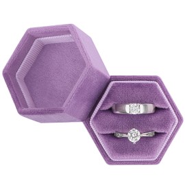 DesignSter Velvet Ring Box - Hexagon Premium Gorgeous Vintage Double Ring Display Holder with Detachable Lid for Proposal, Engagement, Wedding, Ceremony (Lavender purple)