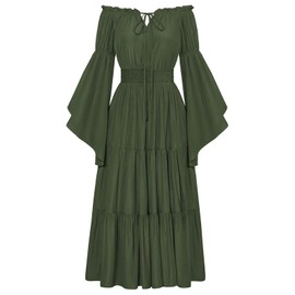 Scarlet Darkness Renaissance Costume Women Off Shoulder Bell Sleeve Tiered Maxi Dress Olive Green XL