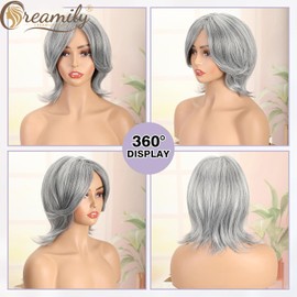 Creamily Grey Wigs for Women Short Silver Grey Pixie Wigs with Bangs Natural Looking Synthetic Short Hair for Older Women