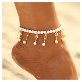 Inilbran Boho Pearl Pendant Ankle Bracelet Gold Crystal Pearl Drop Anklet Bracelet Vintage Pearl Bead Chain Anklet Crystal Pearl Tassel Anklets Foot Chain Jewelry for Women and Girls