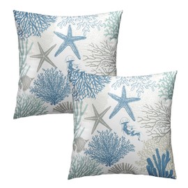 Coastal Nautical Throw Pillow Cover 18x18 inch Set of 2 Beach Themed Sea Coral Nautical Blue Pillowcases Ocean Summer Cotton Cushion Covers for Bed Sofa Room Decor