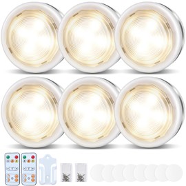 Bwaoo LED Puck Lights 6 Pack, Wireless Under Cabinet & Closet Lighting, Remote Control, 3 Lighting Modes & Brightness Dimmable, Battery Operated Touch Stick On Kitchen Cupboard Bedroom Garage