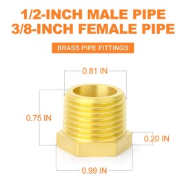 GASHER 20Pcs Brass Reducer Hex Bushing 1/2" NPT Male x 3/8" NPT Female, Brass Threaded Pipe Fitting