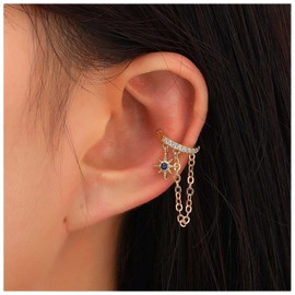 Cimenexe Bohemian Sapphire Star Cuff Earring Gold Crystal Cartilage Chain Earring Blue Cz Starburst Cuff Chain Earring Sapphire Starburst Tassel Chain Earring Jewelry for Women and Girls