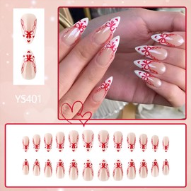 Red Bow Heart Press on Nails Long Almond Fake Nails Glossy White French Tip Acrylic Glue on Nails Romantic Stick on Nails for Women DIY Manicure