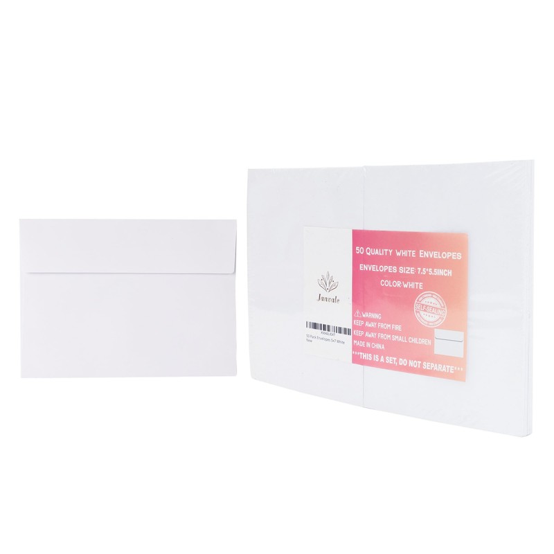 Janvale 5x7 Envelopes 50 Pack, A7 White Envelopes for Invitations,