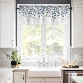 CosyBright Blue Eucalyptus Leaves Window Valance Watercolor Blue Plant Leaf Window Treatment Blue Green Leaves Rod Pocket Curtain Valance,42x12 inch Botanical Kitchen Valance for Bedroom Bathroom