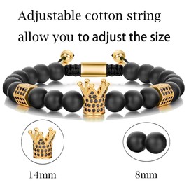 SEVENSTONE 8mm Crown King Charm Bracelet for Men Women Black Matte Onyx Stone Beads, 7.5" (Gold)