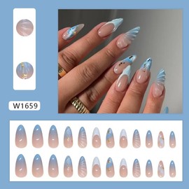 Summer Press on Nails Medium Almond Fake Nails Pink Full Cover Stick on Nails with Shell Ripple Designs Glossy False Nails 3D Nail Charms French Tip Nails for Women Manicure Art 24 Pcs
