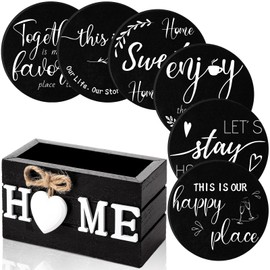 Housewarming Gifts for Home Decoration Wooden Heart Coasters for Drinks Set of 6 Farmhouse Coasters with Holder Funny for Family Friend Coffee Table Protection, 4 Inch (Black)