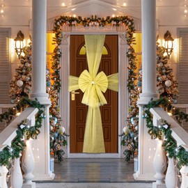 SHATCHI Christmas Gold 7.5m Diamante Giant Bow Cover-Front Door Xmas Wedding, Baby Shower Outside Home Decor, Organza, Pack of 1